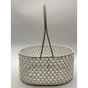 Vintage White Wire Beaded Oval Basket 6‎ x 4.5 in. Neutral Chic French Country